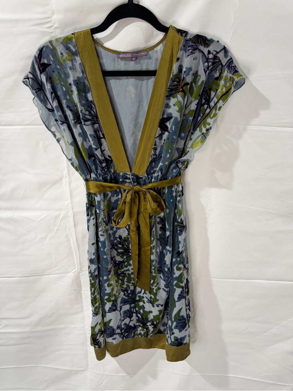 Hale Bob Blue and Olive Floral Silk and Velvet Dress with Tie